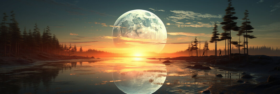 Fantasy landscape with lake, forest and full moon. 3d render.Supermoon.