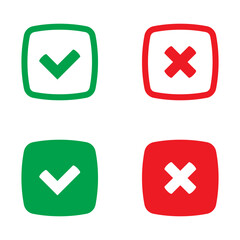 Green tick and red cross checkmarks in flat icons. Yes or no symbol, approved or rejected icon for user interface. - obrazy, fototapety, plakaty