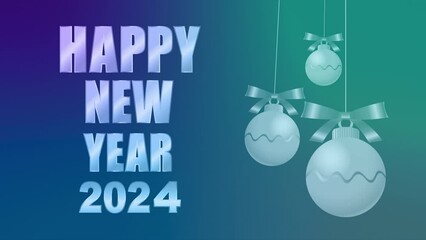 4k Animated Happy New Year 2024 Glass Transparent  text and Hanging Christmas Balls Holiday New Year Greeting Card Design Element. Shining Gold Greeting Text Animation Golden Lettering Design Element. - Powered by Adobe