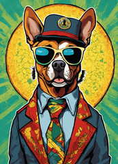 Perro con sombrero saco y corbata, con gafas oscuras rastafario