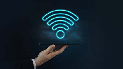 Wi Fi blue neon symbol, wireless networking digital hi tech innovation concept, free internet zone...