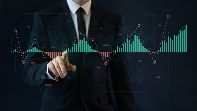 Futuristic dashboard of business analytics tools, intellectual analysis processing of financial statistics, Businessman works with hologram of investment data digital marketing KPI sale report