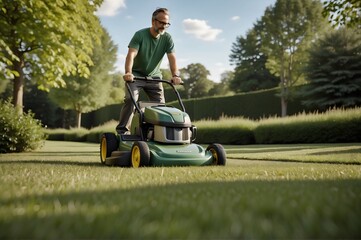 A man is mowing the lawn with a lawnmower - obrazy, fototapety, plakaty