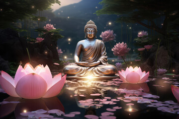 Glowing buddha with lotuses flowers in zen garden