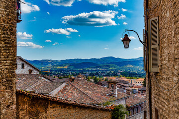 Cityscape in the medieval town of Gubbio Perugia Umbria Italy - obrazy, fototapety, plakaty