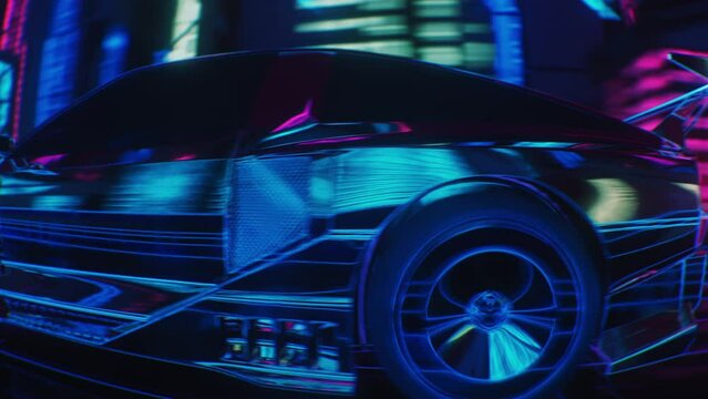 Loop of a cyber neon car through the night city in skyscrapers