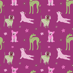 Fototapeta premium Cute dogs vector seamless pattern in pink and green colors. Cartoon dogs with flowers.
