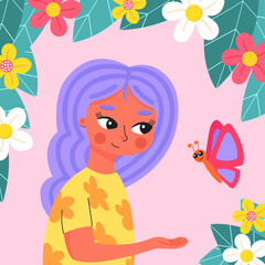 Obraz na płótnie Canvas Girl and butterfly on a background of flowers and leaves. Flat vector illustration on pink background