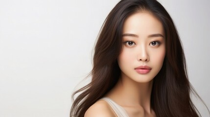 Fototapeta premium Beautiful Asian Japanese Woman Model on Solid Color White Background Long Hair Bright Skin for Beauty Skincare Cosmetic Makeup Haircare Products