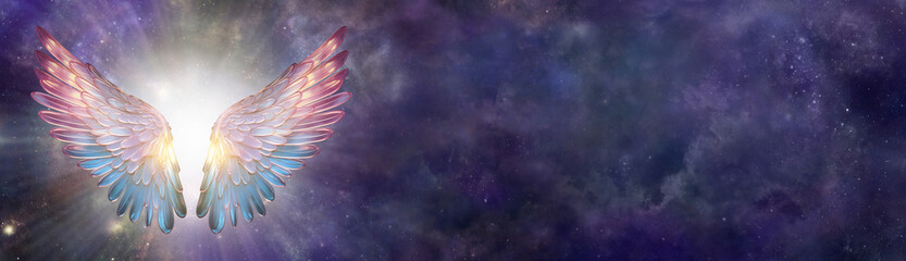 Iridescent angel wings celestial deep space web banner template with copy space for spiritual message