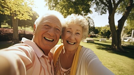 Happy elderly couple hugging each other in the park