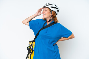 Young caucasian woman with thermal backpack isolated on white background has realized something and intending the solution