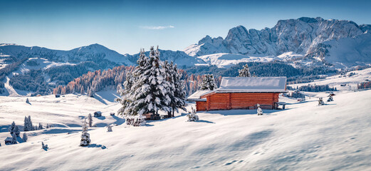 Panoramic morning view of Alpe di Siusi village with wooden chalet. Sunny winter landscape of...