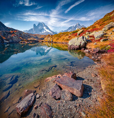 Calm morning scene of Chesery lake (Lac De Cheserys), Chamonix location. Dramatic outdoor view of Vallon de Berard Nature Preserve, Graian Alps, France. Beauty of nature concept background.