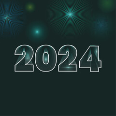 White outline of number 2024 with subtle 3D effect created using Illustrator`s blend tool. Green background and concentric fireworks at the top. Copy space at the bottom. Happy New Year 2024 Concept.
