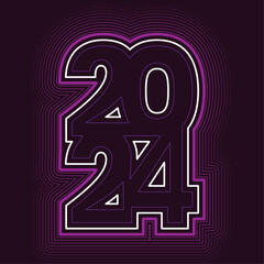 White and purple outline of number 2024 stacked in two rows with numbers connected together creating one shape. Purple lines outside. Dark purple background. New Year`s Eve Design Concept