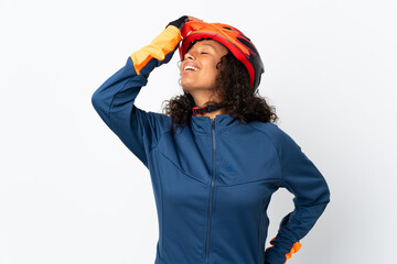 Teenager cyclist woman isolated on white background has realized something and intending the solution