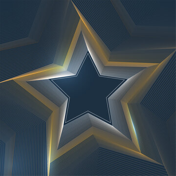 Outlines of golden & white stars of various sizes, connected using Illustrator's blend tool. Navy blue backdrop with copy space in the middle. Modern 3D illusion. Christmas design concept.