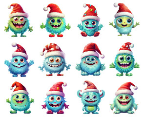 Obraz na płótnie Canvas Watercolor Cute Monsters with Christmas Hat Set. Set of Christmas Monsters Clipart. Cute Monsters in Christmas Theme. Hand Drawn Monster Illustrations.