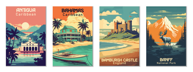 Vintage Travel Posters Set: Antigua, Caribbean; Bahamas, Caribbean; Bamburgh Castle, England; Banff National Park - obrazy, fototapety, plakaty
