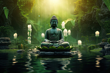 buddha in zen garden with glowing chakra - obrazy, fototapety, plakaty