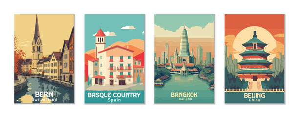 Naklejka premium Vintage Travel Posters Set: Bangkok, Thailand; Basque Country, Spain; Beijing, China; Bern, Switzerland