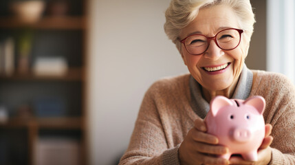 Joyful elderly woman holding a pink piggybank, symbolizing financial security and the importance of savings, especially for retirement.