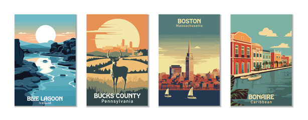 Vintage Travel Posters Set: Blue Lagoon, Iceland, Bonaire, Caribbean, Boston, Massachusetts, Bucks County, Pennsylvania - obrazy, fototapety, plakaty