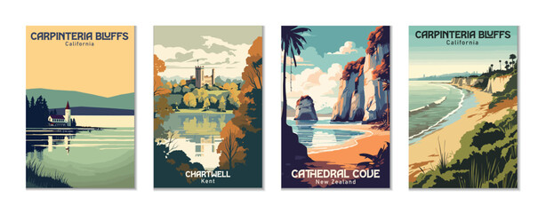 Vintage Travel Posters Set: Carpinteria Bluffs, Cathedral Cove, Chartwell, Chautauqua Lake - obrazy, fototapety, plakaty
