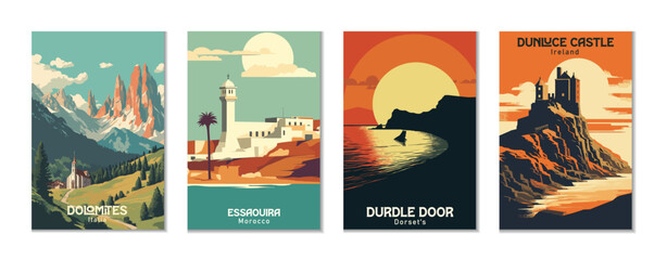 Vintage Travel Posters Set: Dolomites, Dunluce Castle, Durdle Door, Essaouira - obrazy, fototapety, plakaty