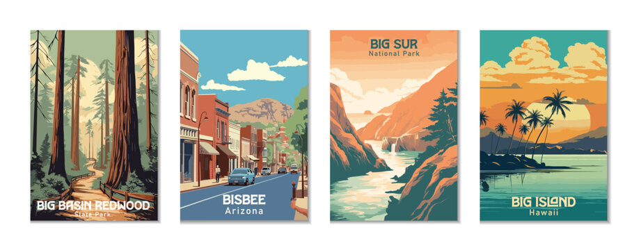Vintage Travel Posters Set: Big Basin Redwoods State Park, Big Island, Hawaii, Big Sur National Park, Bisbee, Arizona