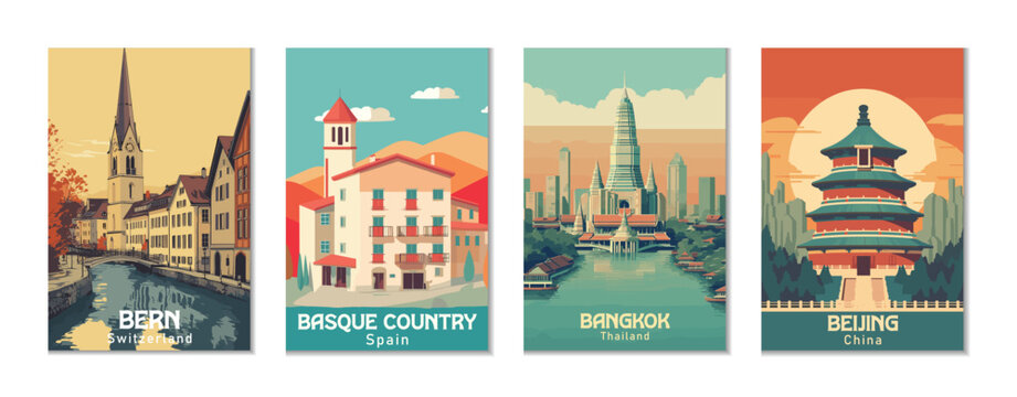Vintage Travel Posters Set: Bangkok, Thailand; Basque Country, Spain; Beijing, China; Bern, Switzerland