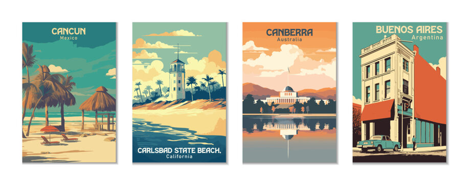 Vintage Travel Posters Set: Buenos Aires, Canberra, Cancun, Carlsbad State Beach