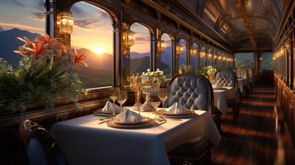 A luxurious train with laid tables - obrazy, fototapety, plakaty