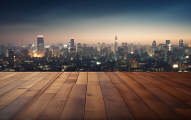 Fototapeta na wymiar Wood table top with blurred Tokyo city night view background for website, copy space, for word, template, presentation