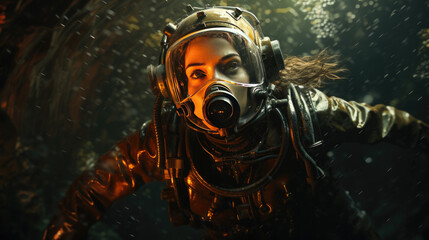 A woman diving underwater in a futuristic diving suit