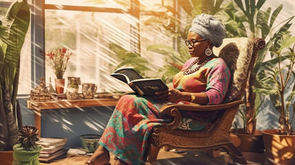 Old african woman reading a book at her home 