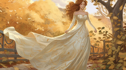 Classic illustration of a young bride woman in her wedding day 
