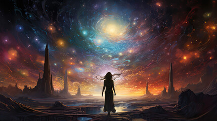woman in front of a universe on an alien planet