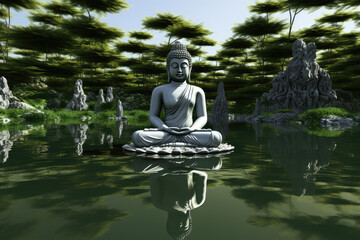 buddha in zen garden with glowing chakra