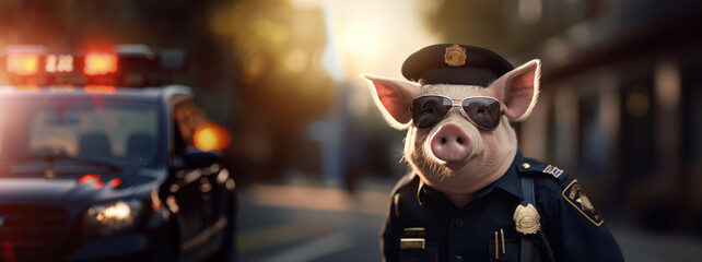 Funny pig in police uniform in the street - obrazy, fototapety, plakaty