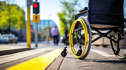 Person in a manual wheelchair waiting at a public transport stop, highlighting urban accessibility and the integration of disability-friendly features in public transportation.