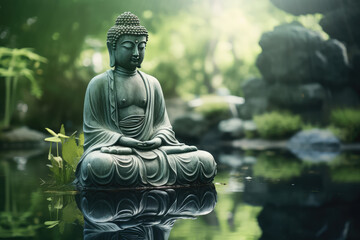 buddha in zen garden with glowing chakra
