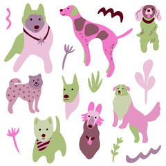 Cute dogs vector set. Cartoon dogs collection with plants. Set of funny pet animals isolated on white background.