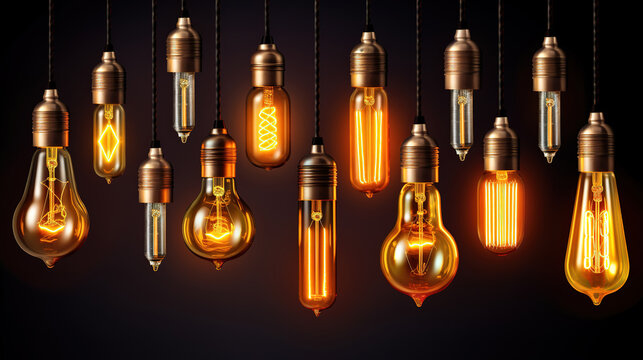 Vintage glowing light bulbs icon set