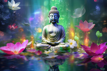 Glowing buddha statue decorated with flowers and colorful butterflies, chakra energy light
