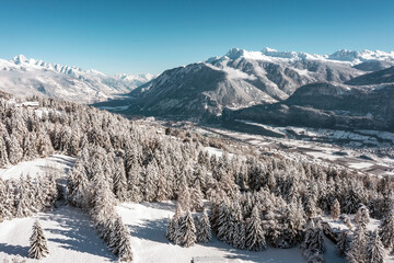 Aerial view on the Rhone valley in the Swiss Alps in winter