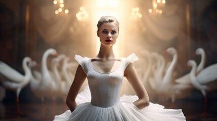 Young ballerina performing swan ballet - obrazy, fototapety, plakaty