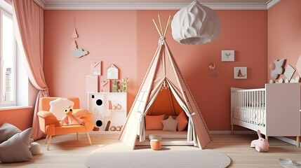 Child's bedroom with teepee tent in the corner of the room