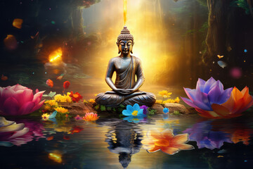 Glowing buddha statue decorated with flowers and colorful butterflies, chakra energy light
